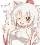  animal_ears bare_shoulders blush breasts character_name detached_sleeves fang hat heart inubashiri_momiji kunreishiki looking_at_viewer medium_breasts one_eye_closed open_mouth otowa_(otoha4634) paw_pose pom_pom_(clothes) red_eyes short_hair silver_hair simple_background solo tail tokin_hat touhou white_background wolf_ears wolf_tail 
