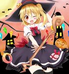  alternate_costume bat black_dress black_legwear blonde_hair blush bow box dress fang flandre_scarlet gift gift_box hachimi halloween halloween_costume hat highres jack-o'-lantern one_eye_closed open_mouth puffy_short_sleeves puffy_sleeves red_eyes shirt short_sleeves side_ponytail smile solo staff thighhighs touhou wings witch_hat zettai_ryouiki 