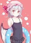  arms_behind_back bat_wings collarbone culter double_frill_skirt_swimsuit flat_chest frilled_swimsuit frills hat hat_ribbon innertube mob_cap nontraditional_school_swimsuit one-piece_swimsuit pointy_ears red_eyes remilia_scarlet ribbon school_swimsuit silver_hair smile solo swimsuit touhou wings 