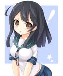  1girl :o ahoge bad_id bad_pixiv_id black_hair blue_background blue_skirt breasts brown_hair kantai_collection large_breasts neckerchief open_mouth parted_lips pleated_skirt rateratte sailor_collar school_uniform serafuku shirt short_sleeves simple_background skirt solo ushio_(kantai_collection) white_shirt 