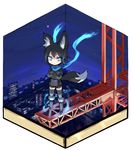  animal_ears black_hair black_legwear blue_eyes blue_scarf boots construction_site crossed_arms fox_ears fox_tail ganesagi gloves isometric looking_at_viewer nanashi_(ganesagi) night original scarf scenery short_hair shorts sky slit_pupils solo star_(sky) starry_sky tail thighhighs 