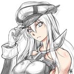  bare_shoulders bismarck_(kantai_collection) breastplate breasts cabbie_hat detached_sleeves gloves hat kantai_collection large_breasts long_hair md5_mismatch ootsuki_wataru partially_colored sketch solo 