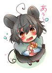  absurdres ahoge animal_ears asyuaffw black_hair blush bow brown_eyes chibi from_above gift grey_hair heart heart_tail highres holding looking_at_viewer looking_up mouse_ears mouse_tail nazrin open_mouth short_hair sketch solo tail touhou translation_request wavy_mouth 