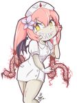  1girl demon_wings ebola-chan hat long_hair nurse nurse_cap pale_skin personification pink_hair sirblazepercival wings 