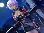  1girl armor blush breasts cleavage collar dark_elf dark_skin elf forest game_cg highres himekishi_angelica ishigaki_takashi large_breasts legs looking_at_viewer moon nature night pointy_ears purple_hair red_eyes serafina_storaro short_hair skirt sky solo standing star stars thighs tree trees 