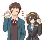  1girl bangs black_hair brown_eyes brown_hair cardigan heart kita_high_school_uniform kyon one_eye_closed school_uniform serafuku short_hair string_phone suzumiya_haruhi suzumiya_haruhi_no_yuuutsu taiki_(6240taiki) white_background 