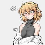 bare_shoulders blonde_hair blush breast_conscious collarbone directional_arrow flat_chest green_eyes md5_mismatch mizuhashi_parsee ootsuki_wataru pointy_ears short_hair sketch sleeveless sleeveless_turtleneck solo squiggle touhou turtleneck undressing 