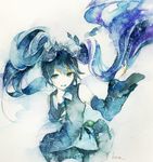  aji77 aqua_eyes aqua_hair artist_name detached_sleeves hatsune_miku long_hair looking_at_viewer mixed_media necktie open_mouth signature skirt solo traditional_media twintails vocaloid watercolor_(medium) white_background 