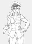  breasts character_request cigarette cleavage epaulettes greyscale hand_on_hip hat long_hair low-tied_long_hair md5_mismatch medium_breasts military military_uniform monochrome ootsuki_wataru peaked_cap scrunchie sketch solo uniform 