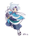  alternate_costume blue_eyes fingerless_gloves full_body gloves grey_hair headband japanese_clothes kimono madou_monogatari male_focus nobara_(konnttaku) official_style puyopuyo sandals schezo_wegey shinsengumi signature smile socks solo sword twitter_username weapon white_background 