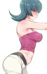  arched_back ass bare_shoulders blue_hair blush breasts covered_nipples from_side hizuki_akira large_breasts lips midriff natsume_(pokemon) navel pants pokemon pokemon_(game) pokemon_hgss profile red_eyes simple_background solo white_background 