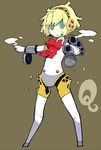  aegis_(persona) android blonde_hair blue_eyes bow dowman_sayman finger_cannon md5_mismatch mechanical_arm persona persona_3 persona_q:_shadow_of_the_labyrinth persona_q_(series) robot robot_joints shell_casing simple_background solo 