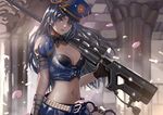  alternate_costume black_hair blue_eyes blue_skirt breasts caitlyn_(league_of_legends) cleavage cropped_jacket danann fingerless_gloves gloves gun hat indoors large_breasts league_of_legends lips long_hair looking_at_viewer midriff miniskirt officer_caitlyn over_shoulder petals pleated_skirt police police_hat police_uniform policewoman puffy_short_sleeves puffy_sleeves rifle short_sleeves skirt solo uniform weapon weapon_over_shoulder 