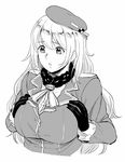 atago_(kantai_collection) beret bow bowtie breast_squeeze breasts epaulettes gloves greyscale hat kantai_collection large_breasts long_hair long_sleeves monochrome nathaniel_pennel simple_background solo upper_body white_background 