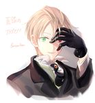  ascot blonde_hair fate/prototype fate/prototype:_fragments_of_blue_and_silver fate_(series) gloves green_eyes hand_on_own_face highres jekyll_and_hyde_(fate) male_focus mj_(cuzbien) red_eyes solo 