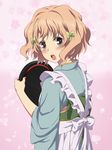  apron blonde_hair blush brown_eyes cherry_blossoms hanasaku_iroha japanese_clothes kimono looking_back maid_apron matsumae_ohana mirakuru_(pixiv) petals ribbon solo tray wa_maid 