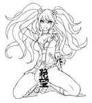  bow breasts censor_text choker cleavage danganronpa danganronpa_1 enoshima_junko eu03 full_body greyscale kneeling large_breasts lineart long_hair loose_necktie md5_mismatch monochrome nail_polish necktie school_uniform skirt skirt_lift sleeves_rolled_up solo spoilers translated twintails 