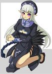  akitaka99 belt breasts chain cleavage cleavage_cutout dark_priest demon_girl demon_tail dress feathers hat long_hair medium_breasts monster_girl monster_girl_encyclopedia nun pointy_ears purple_eyes smile solo tail tongue white_hair 