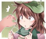  1girl bad_id bad_pixiv_id blush brown_eyes brown_hair commentary contact_lens eyewear_removed futatsuiwa_mamizou glasses hammer_(sunset_beach) holding holding_eyewear leaf leaf_on_head long_hair scarf solo_focus touhou upper_body 