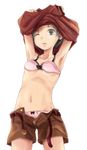  armpits arms_up belt bra green_eyes green_hair kantai_collection kurona mogami_(kantai_collection) navel one_eye_closed open_fly panties pink_bra pink_panties shirt_lift short_hair shorts solo stomach unbuckled_belt underwear undressing unzipped white_background 