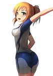  aqua_eyes arm_up ass bad_id bad_pixiv_id blush bodysuit breasts brown_hair cowboy_shot from_behind gundam gundam_build_fighters gundam_build_fighters_try highres hoshino_fumina looking_at_viewer medium_breasts open_mouth ponytail rods short_hair solo white_background 