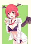  :o alternate_hair_length alternate_hairstyle bat_wings black_bra black_panties blush bra breasts cleavage culter dress_shirt fang food green_background head_wings koakuma large_breasts looking_at_viewer necktie open_clothes open_mouth open_shirt outside_border panties pointy_ears red_eyes red_hair red_neckwear shirt short_hair simple_background solo toast touhou underwear v-shaped_eyebrows wings 