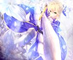  ahoge armor armored_dress artoria_pendragon_(all) blonde_hair dress excalibur fate/stay_night fate_(series) flower gauntlets green_eyes hair_ribbon nagishiro_mito ribbon saber solo 