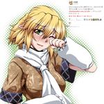  arm_warmers blonde_hair breasts crying eyelashes fingernails green_eyes halftone happy_tears large_breasts long_fingernails md5_mismatch mizuhashi_parsee one_eye_closed ootsuki_wataru pointy_ears scarf sharp_fingernails short_hair smile solo tears touhou translation_request twitter white_scarf wiping_tears 
