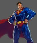  1boy alien belt black_hair blue_eyes bodysuit cape dc_comics hands_on_hips jintetsu kryptonian male_focus muscle red_cape s_shield solo superman superman_(series) 