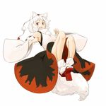  animal_ears bare_shoulders breasts geta hat inubashiri_momiji kokutei_n long_sleeves looking_at_viewer medium_breasts open_mouth pom_pom_(clothes) red_eyes short_hair silver_hair simple_background solo tail tokin_hat touhou white_background wolf_ears wolf_tail 