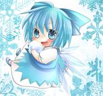  :d ahoge asyuaffw blue_eyes blue_hair bow chibi cirno fang hair_bow hair_ribbon highres holding ice ice_wings looking_at_viewer open_mouth ribbon short_hair smile snowflakes solo touhou v-shaped_eyebrows wings 