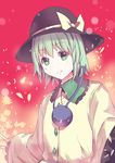  autumn_leaves blouse bow collared_shirt culter frilled_shirt_collar frills green_eyes green_hair hat hat_bow komeiji_koishi shirt short_hair sleeves_past_wrists smile solo third_eye touhou upper_body 