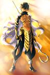  brown_hair cane cape dark_skin dark_skinned_male fate/prototype fate/prototype:_fragments_of_blue_and_silver fate_(series) highres male_focus midriff mj_(cuzbien) ozymandias_(fate) puffy_pants sandals solo staff yellow_eyes 