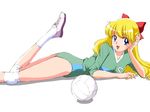  :d aino_minako arm_support bishoujo_senshi_sailor_moon blonde_hair blue_eyes bow buruma earrings hair_bow jewelry kinfuji knee_pads long_hair long_sleeves looking_at_viewer lying on_stomach open_mouth red_bow shadow shoes simple_background smile socks solo sportswear v-neck volleyball volleyball_uniform white_background white_legwear 