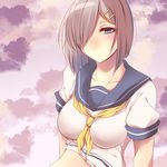  between_breasts blue_eyes breasts cloud cloudy_sky collarbone hair_ornament hair_over_one_eye hairclip hamakaze_(kantai_collection) kantai_collection large_breasts looking_away neckerchief purple_sky sailor_collar school_uniform serafuku shisei_(kyuushoku_banchou) short_hair short_sleeves silver_hair sky solo upper_body yellow_neckwear 