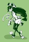  asui_tsuyu belt black_hair boku_no_hero_academia boots bow_by_hair dowman_sayman frog_girl gloves goggles goggles_on_head green hair_rings long_hair long_tongue low-tied_long_hair monochrome monster_girl simple_background solo thigh_boots thighhighs tongue walking 