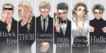  5boys avengers breasts bruce_banner cleavage clint_barton formal helmet hh_(hhsis2) iron_man marvel medium_breasts multiple_boys natasha_romanoff necktie steve_rogers suit thor_(marvel) tony_stark 