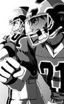  2boys eyeshield eyeshield_21 football football_uniform gloves helmet kobayakawa_sena male_focus monochrome multiple_boys open_mouth raimon_tarou sport sports sportswear sweat 