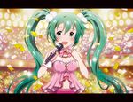  blush bow bowtie character_name chocolat concert confetti earrings green_hair hatsune_miku jewelry letterboxed long_hair microphone music navel necklace open_mouth ring singing solo stage_lights twintails very_long_hair vocaloid 
