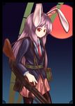  animal_ears assault_rifle bamboo belt belt_pouch black_border black_hair blazer border bunny_ears collared_shirt cowboy_shot formal full_moon gun highres jacket kys_(k-k2) lavender_hair long_hair long_sleeves looking_at_viewer moon necktie pantyhose pocket pouch red_eyes red_moon red_neckwear reisen_udongein_inaba rifle shirt skirt solo standing suit touhou weapon 