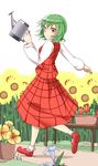  flower green_hair highres kazami_yuuka long_sleeves open_clothes open_vest red_eyes shirt skirt skirt_set smile solo sunflower touhou vest watering_can yamato_(muchuu_paradigm) 