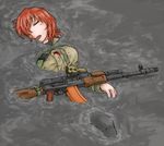  ak-74 assault_rifle ayasha_(dutchko) bad_id bad_pixiv_id blood bloody_clothes bullet_hole clenched_hand closed_eyes corpse death dutchko gorka gun injury mud open_mouth original partially_submerged red_hair rifle short_hair solo thighhighs war weapon 