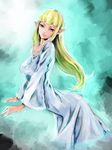  arched_back bangs blonde_hair blue_eyes blunt_bangs breasts dress highres hirodi large_breasts long_hair pointy_ears princess_zelda smile solo the_legend_of_zelda the_legend_of_zelda:_skyward_sword white_dress 