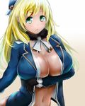  atago_(kantai_collection) bad_id bad_pixiv_id bakkanki beret black_gloves blonde_hair breast_hold breasts gloves green_eyes hat jacket kantai_collection large_breasts long_hair looking_at_viewer military military_uniform navel no_bra open_clothes open_jacket open_mouth solo uniform 