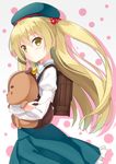  backpack bag beret blonde_hair carrying hair_bobbles hair_ornament hat himeki_chifuyu holding hyuuga_azuri inou-battle_wa_nichijou-kei_no_naka_de lissun_(inou-battle) long_hair looking_at_viewer randoseru school_bag school_hat school_uniform solo stuffed_squirrel two_side_up yellow_eyes 