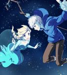  1girl :d bad_id bad_pixiv_id blonde_hair blue_eyes braid collarbone crossover elsa_(frozen) frozen_(disney) green_eyes grin hood hoodie jack_frost_(rise_of_the_guardians) kisetsu looking_at_another open_mouth outstretched_arms power_connection rise_of_the_guardians single_braid smile snowing spread_arms staff white_hair 