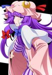  breasts capelet coat crescent dress eichi_yuu hair_ribbon hat large_breasts long_hair long_sleeves mob_cap open_clothes open_coat patchouli_knowledge purple_dress purple_eyes purple_hair ribbon solo striped striped_dress touhou tress_ribbon very_long_hair wide_sleeves 