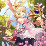  :3 :d animal_ears bare_shoulders black_legwear blonde_hair blush bow bowtie bunny bunny_ears detached_collar dutch_angle fang flower frilled_skirt frills fur_trim gloves green_eyes holding kidatsu!_dungeons_lord kyoma_(yellowxcake) long_hair neck_ribbon open_mouth outdoors palme_(kidatsu) petals pink_gloves ribbon skirt smile solo thighhighs tree wand 