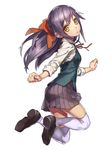  bad_id bad_pixiv_id bow hair_bow hair_ribbon jumping long_hair looking_at_viewer nakasaki_hydra original pleated_skirt purple_hair ribbon school_uniform skirt solo white_background yellow_eyes 