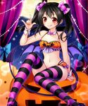  :q \m/ bat_wings bikini black_hair candy colored_stripes curtains demon_tail detached_collar food halloween highres jack-o'-lantern long_hair love_live! love_live!_school_idol_project moon red_eyes solo striped striped_legwear swimsuit tail thighhighs tongue tongue_out twintails uzu_hi wings wrist_cuffs yazawa_nico 